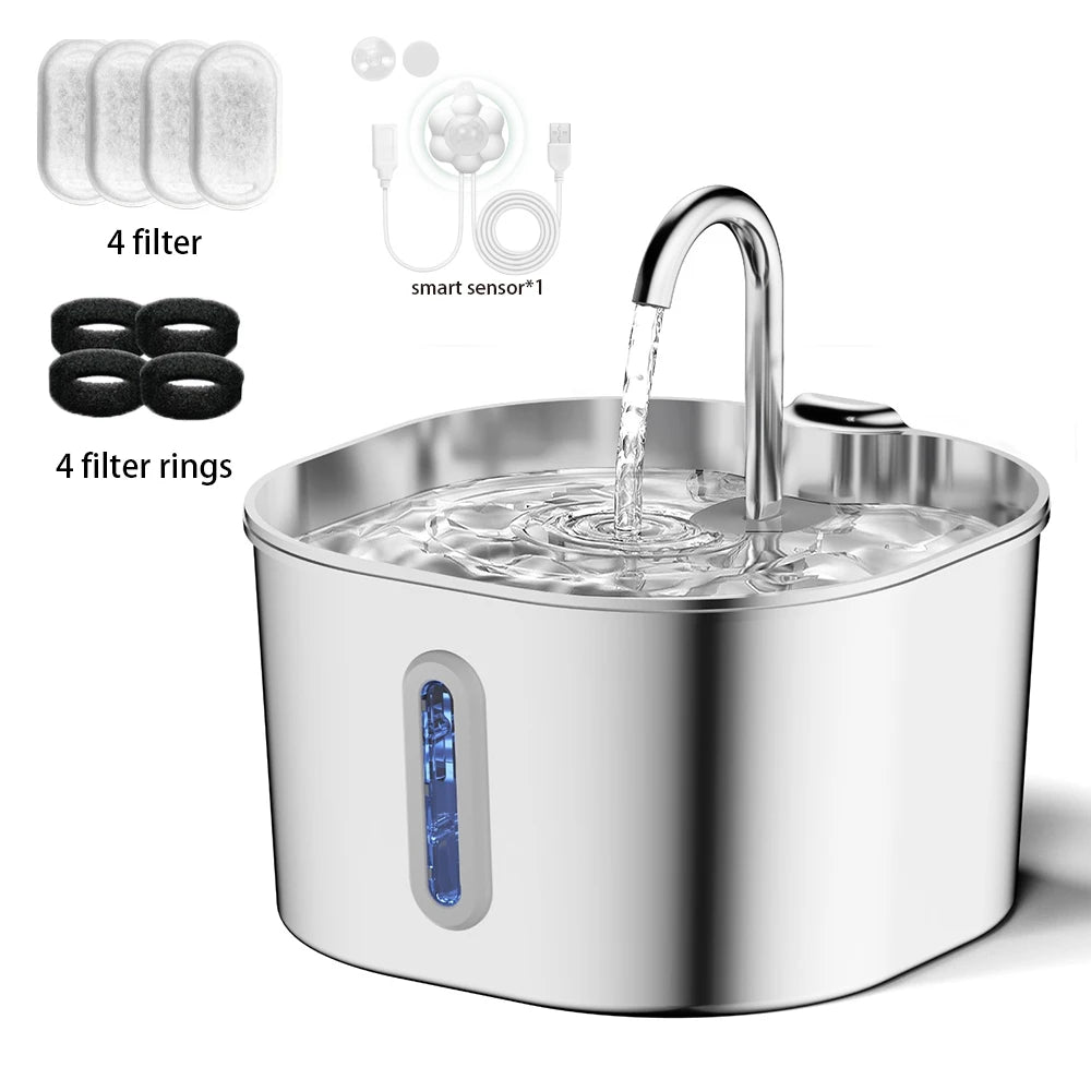 Bebedouro Automático 2,2L com Torneira em Aço Inox e Bomba Silenciosa para Gatos e Cães